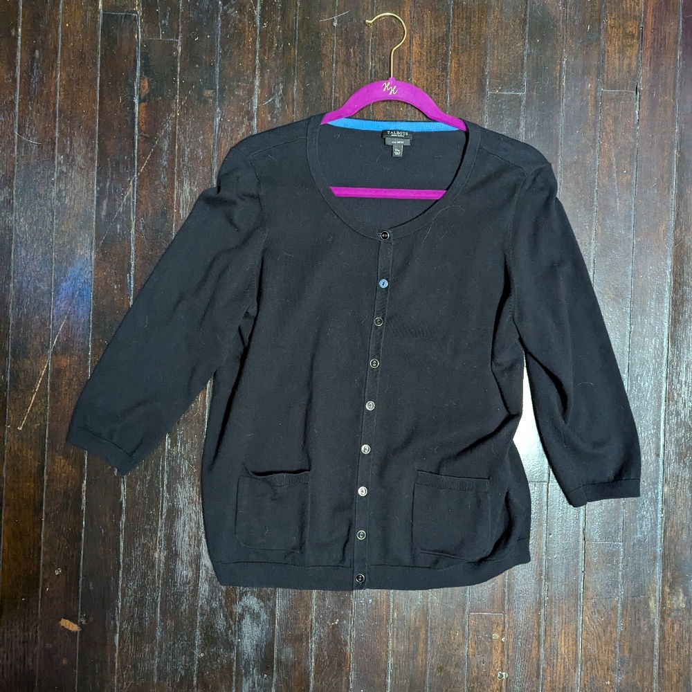 Talbot's Button Down Black Scoop Neck Pima Cotton Petite Cardigan